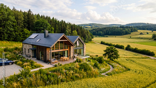 Sunshine on a modern house in a field near a forest during the afternoon in a rural area