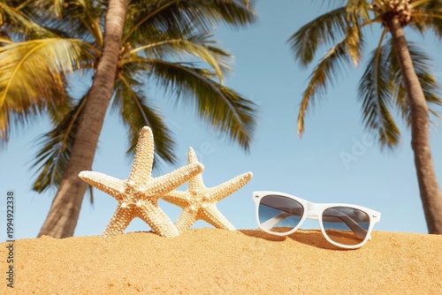 Beach Scene With Starfish and Sunglasses on Sand Under Palm Trees on a Sunny Day