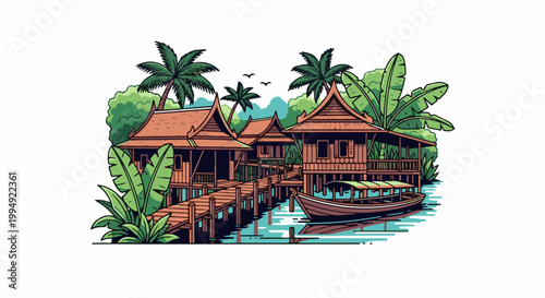 Tropical village with stilt houses, wooden piers, a boat, lush foliage, and palm trees