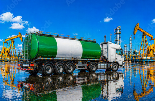 Oil tanker truck with Nigeria flag in Nigeria oil refinery