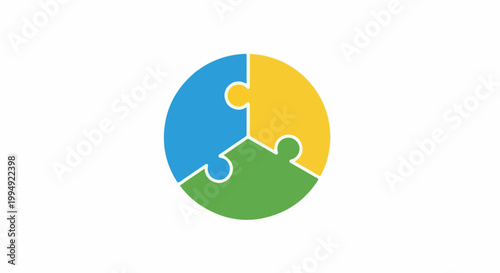 Three colorful puzzle pieces interlock to form a circular shape