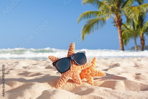 Starfish Wearing Sunglasses on Sandy Beach With Ocean Waves and Palm Trees