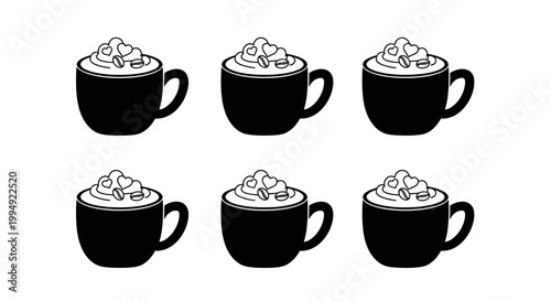 Group of coffee cup icons with whipped cream and heart toppings for winter seasonal menu design and specialty drink branding elements in black silhouette art