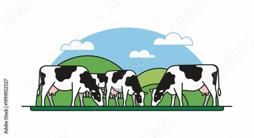 Three cows grazing in a green field under a blue sky with clouds
