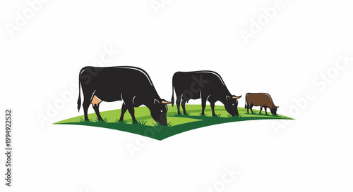 Three cows grazing on a lush green pasture under a clear sky