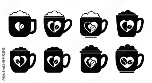 Eight black silhouette mugs with latte art hearts and coffee beans inside frothy foam