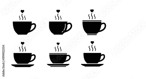 Set of coffee cup icons with heart steam and saucer elements on white background. Minimalist black solid silhouette symbols for cafe branding and menu design