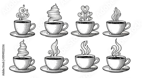 Eight assorted hot beverage cups with unique steam patterns including swirls hearts and abstract shapes in sketch style