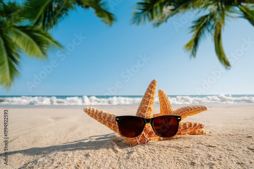 Starfish Wearing Sunglasses on Sandy Beach With Ocean Waves and Palm Trees
