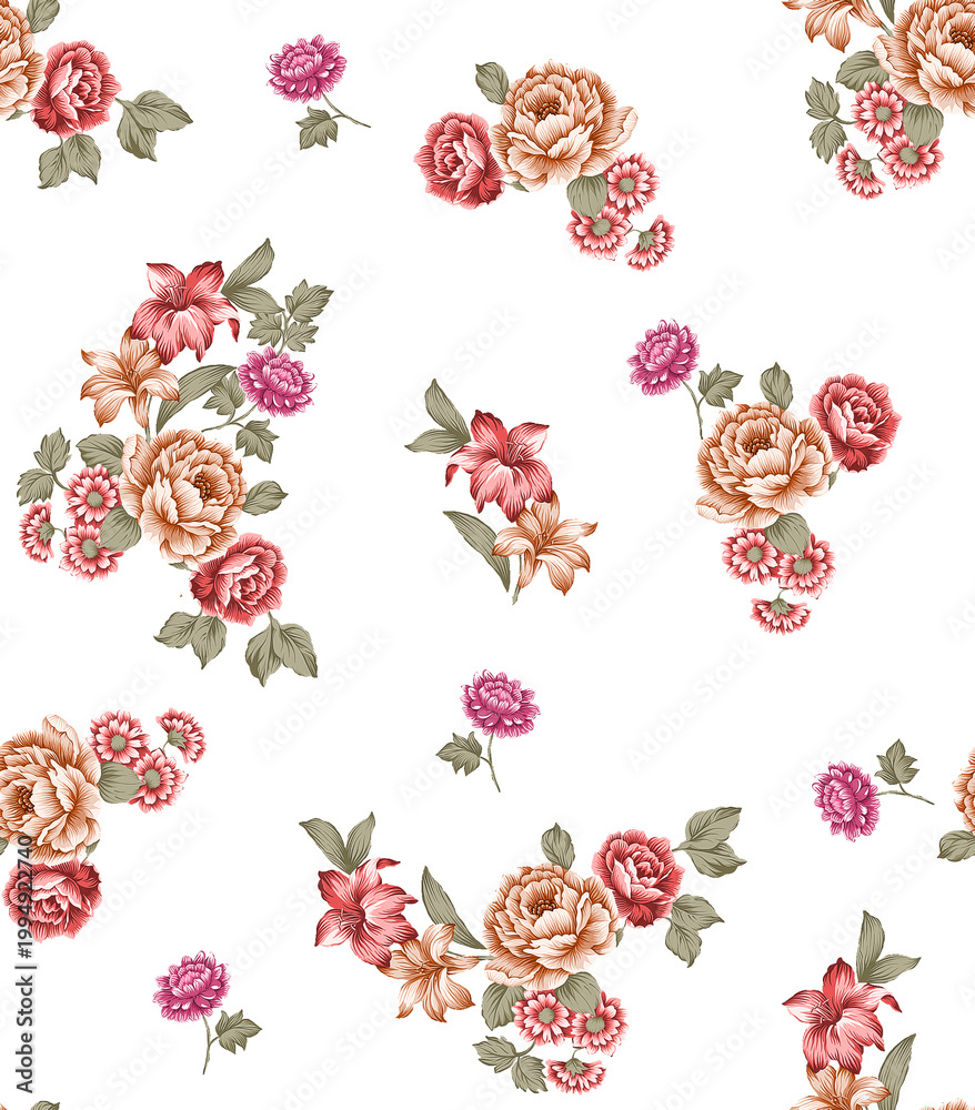 Fototapeta premium white background with watercolor delicate flower seamless pattern.