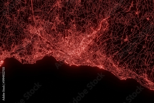 Fotografía Street map of Lausanne (Switzerland) made with red illumination and glow effect
