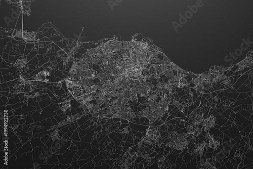 Street map of Edinburgh (UK) on black paper with light coming from top