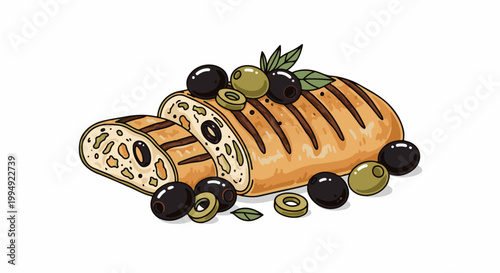 Toasted bread with olives and green herbs