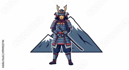 Stylized warrior in traditional armor stands before a snow-capped mountain in a flat, graphic style