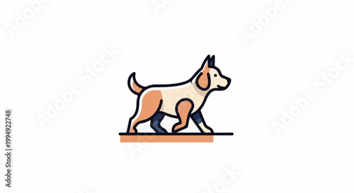 Stylized, walking dog with tan, cream, and dark blue coloring against a white background