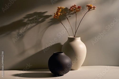 Display of Two Vases With Dried Flowers on a Tabletop Against a Neutral Backg...