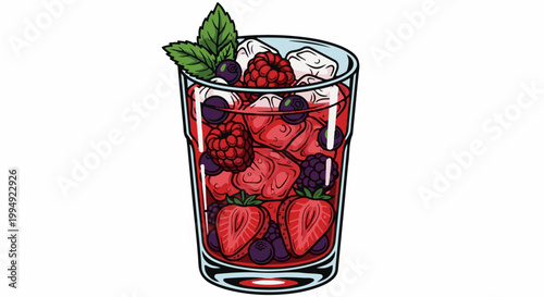 Tall glass filled with red liquid, ice, and an assortment of berries including strawberries, blueberries, and raspberries