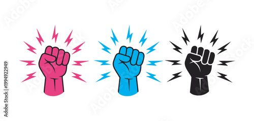 Fist knocking impact symbol set, hand knock gesture outline icons in red blue black for alert notification action door knock vector illustration