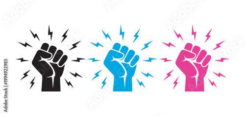 Fist knocking impact icon set, hand hit gesture outline in red blue black variations for alert notification door knock action vector illustration