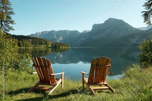 Chairs Sit by a Calm Lake Surrounded by Mountains on a Clear Sunny Day in the...