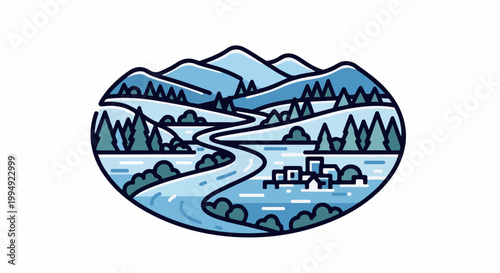 Stylized winter landscape with mountains, river, village, and trees within an oval