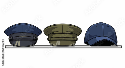 Three diverse hats displayed on a white shelf, featuring a navy peaked cap, olive military-style cap, and a blue baseball cap