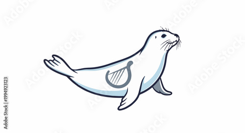 Stylized white seal with a harp emblem on its side, facing right