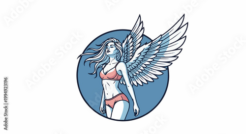 Stylized woman with large white wings, wearing pink lingerie within a blue circle