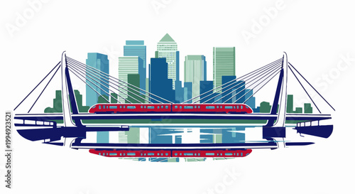 Stylized red train crosses a cable-stayed bridge over water, with a city skyline reflected below