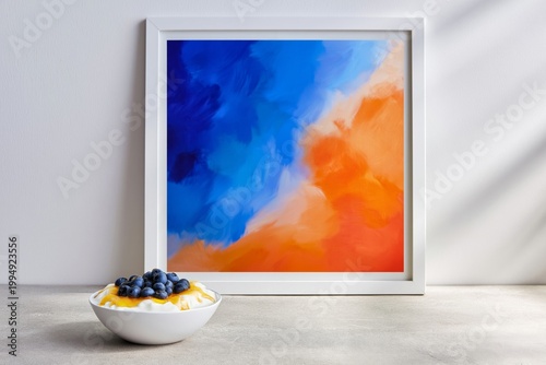 Colorful Art Piece Beside a Bowl of Yogurt With Blueberries Placed on a Light...