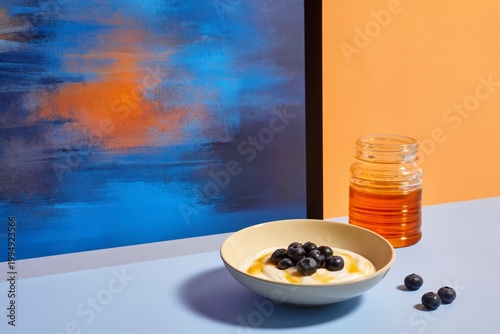Consider Blueberries and Yogurt on a Colorful Surface in a Bright Setting