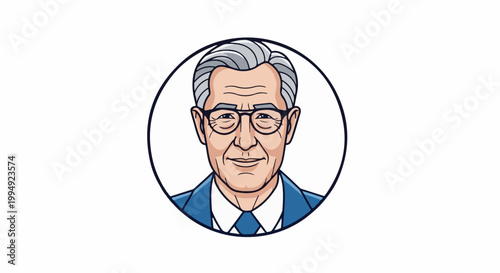 Stylized portrait of a smiling older man with gray hair, glasses, and a blue suit