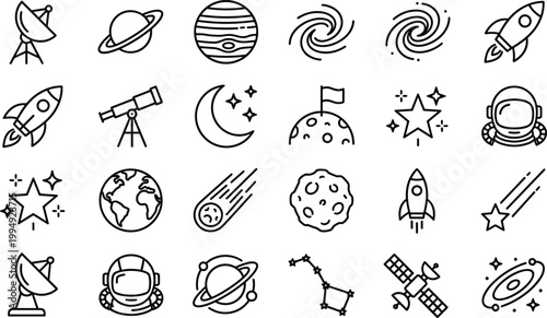 Space Astronomy Icon Set with Outline Style Symbols of Rocket, Planets, Telescope, Satellite, Galaxy, Stars, Astronaut, and Cosmic Exploration Elements