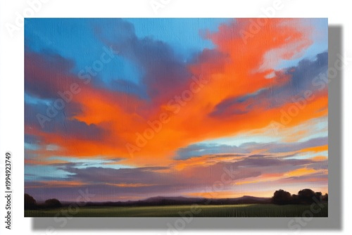 Colorful Sunset Over Open Fields Under a Bright Sky With Clouds in Late After...