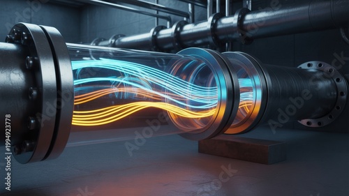 Conceptual visualization of thermal energy transfer through industrial piping system
