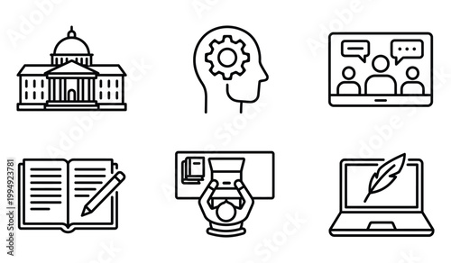 Set of office and academic icons featuring university building brain gear team chat notepad desk laptop education building