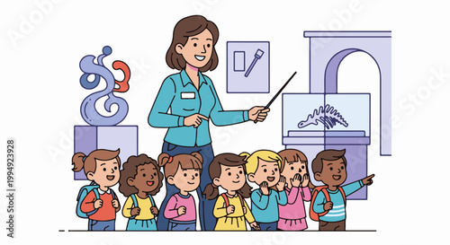 Teacher guiding children on a museum field trip to see dinosaur bones and exhibits