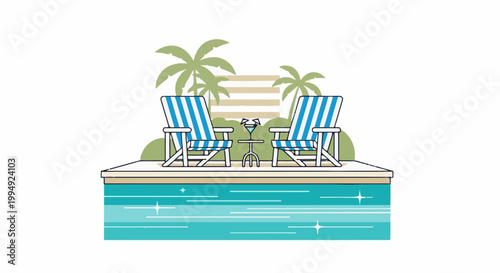 Two deck chairs sit by a pool with palm trees and a drink