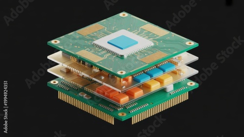 Exploded view of a multi-layered computer processor chip stack