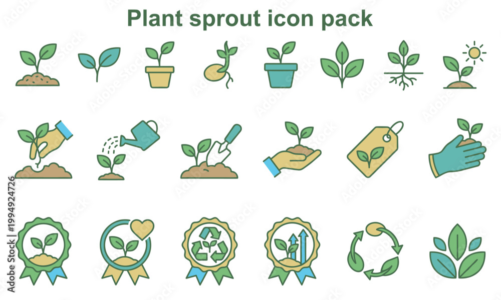 Obraz premium Plant sprout icon pack showing growth and care, seedling, cultivation, watering.
