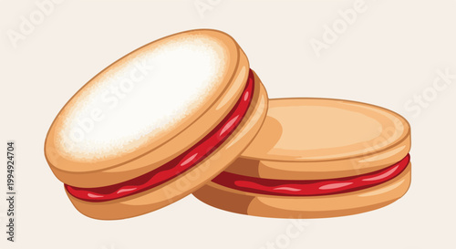 Two delicious, round, light brown biscuits filled with vibrant red jam