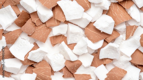 Scattered pieces of fresh coconut meat and brown shell creating a full frame background, highlighting the contrasting natural textures and healthy food elements