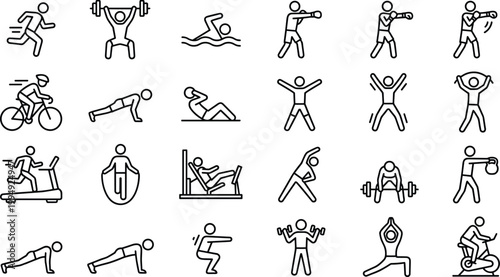 Bild auf Leinwand Fitness Training Icon Set with Outline Style Symbols of Running, Boxing, Swimmin
