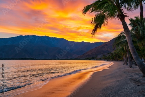 Sunset Over the Beach With Palm Trees and Mountains in the Background During ...