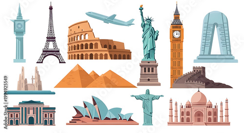 Collection of iconic travel landmarks isolated on transparent background, vector illustration