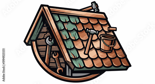Stylized roof with repair tools and bucket