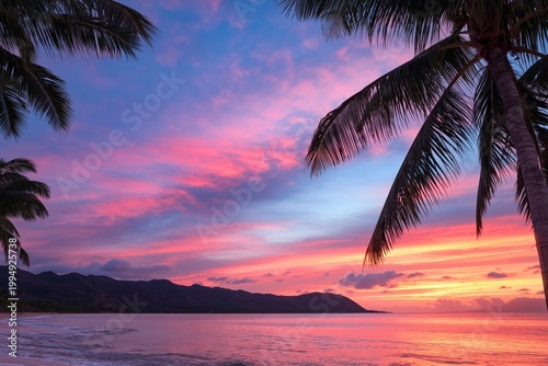 Colorful Sunset Over Ocean With Palm Trees and Mountains in Distance