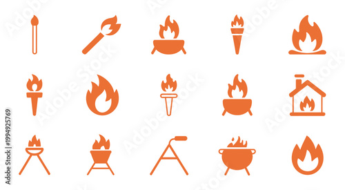 Fire flame icon set, burning flame elements including campfire torch symbols for heat energy concept vector illustration