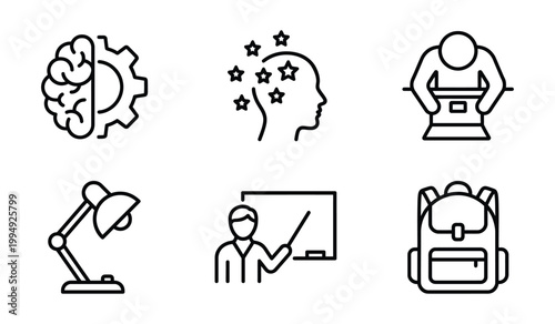 Set of teaching and classroom learning activities icons with education teaching classroom learning instruction intelligence
