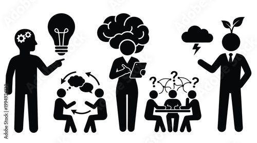 Creative brainstorming icons featuring mental health and psychological concepts set.